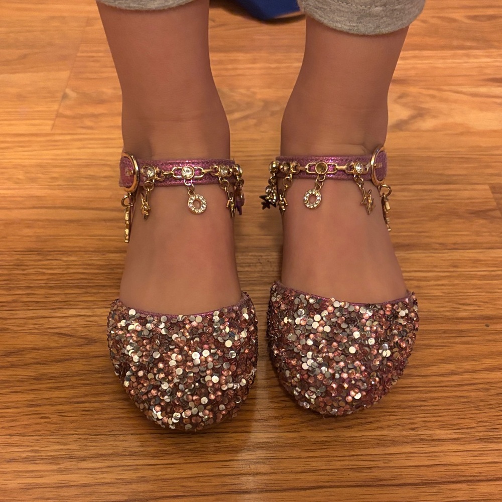 Glittering Pink Sequin Flats with Tiny Heel & Charms
